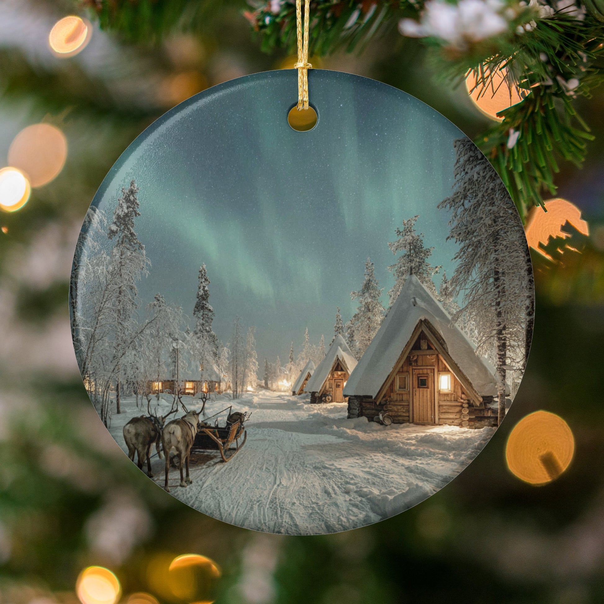 Peaceful Winter Night with Northern Lights Scene Ornament