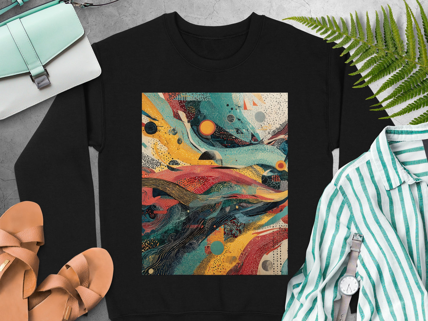 Abstract Colorful Patterned Design Black Sweatshirt product type
Abstract Art, Colorful Design, Vibrant Print, Sweatshirt, Crewneck, Artistic Apparel, Unique Style, Patterned Top, Modern Fashion, Graphic Sweatshirt, Statement Piece, Casual Style, Black Sweatshirt, Eye-Catching, Abstract Waves, Geometric Pattern, Doodle Art, Sun Circle, Contemporary Art, Bold Print
