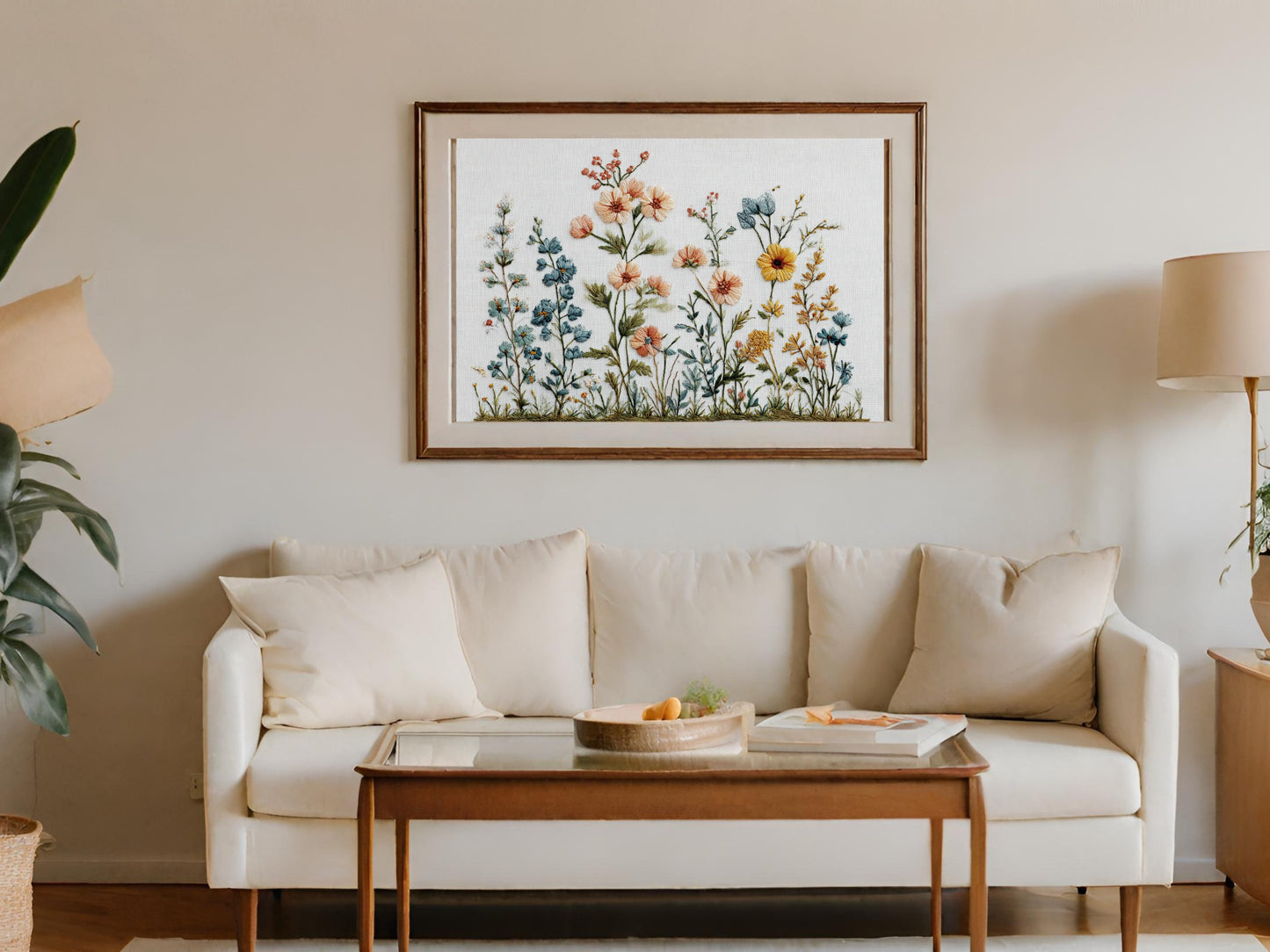 Framed floral artwork above a sofa with a coffee table.
