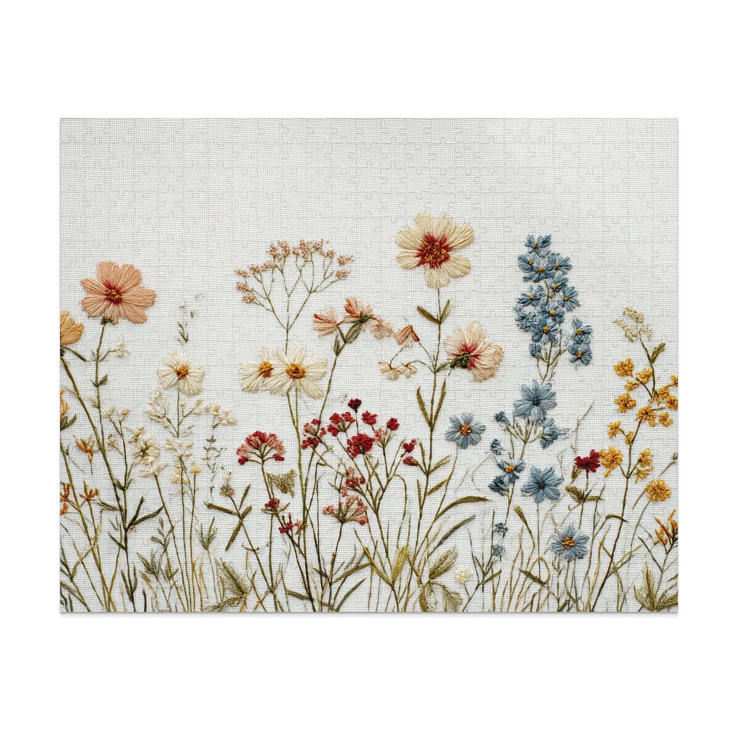 Embroidery of wildflowers in various colors along the bottom of a textured background.