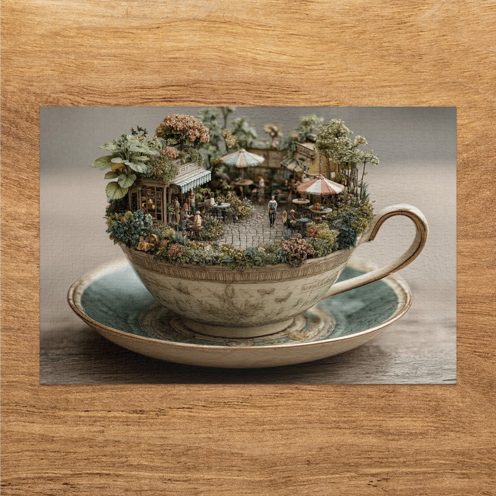 Miniature cafe scene with tiny people inside a decorative teacup and saucer.