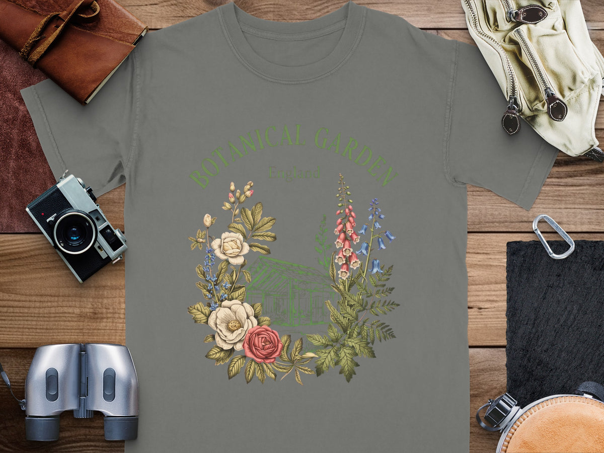 Gray t-shirt featuring "BOTANICAL GARDEN England" and floral illustration.