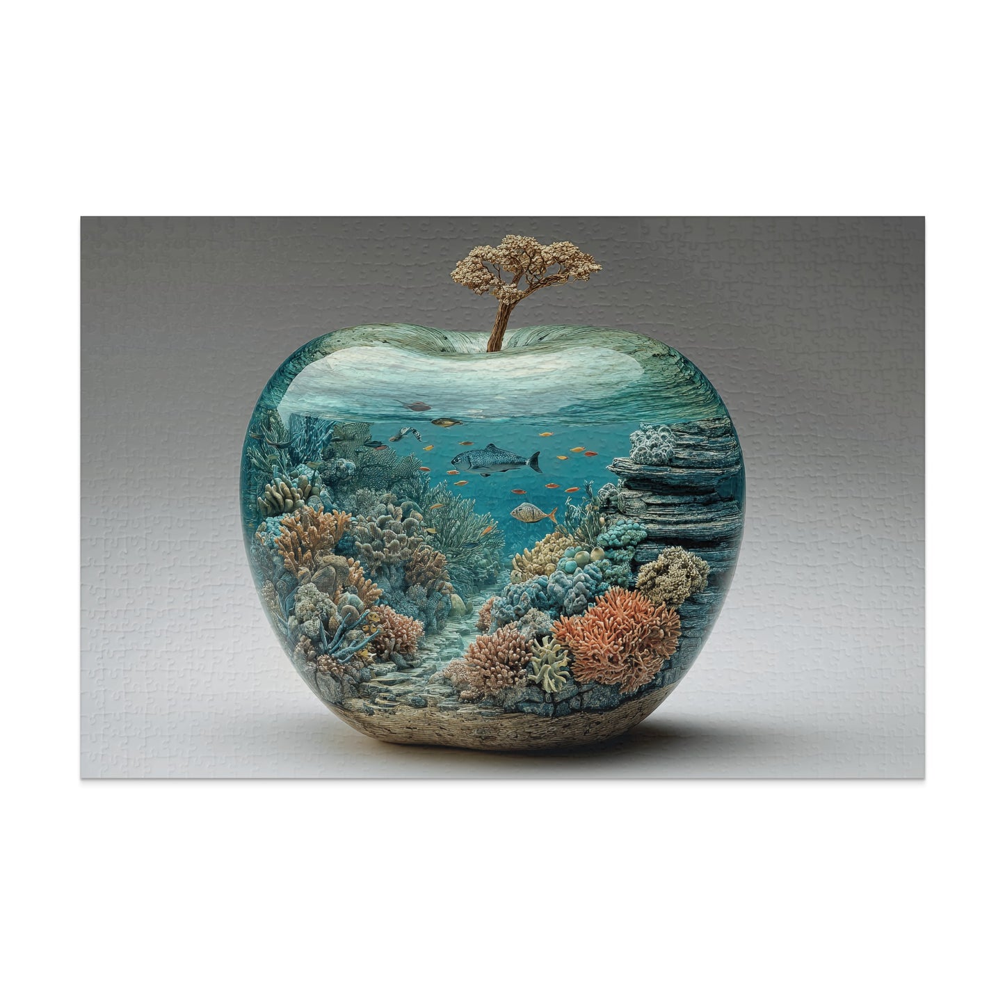 Apple-shaped terrarium with coral reef and fish inside.