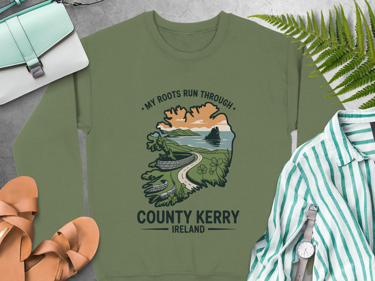 Green sweatshirt with "County Kerry Ireland" and scenic landscape graphic.