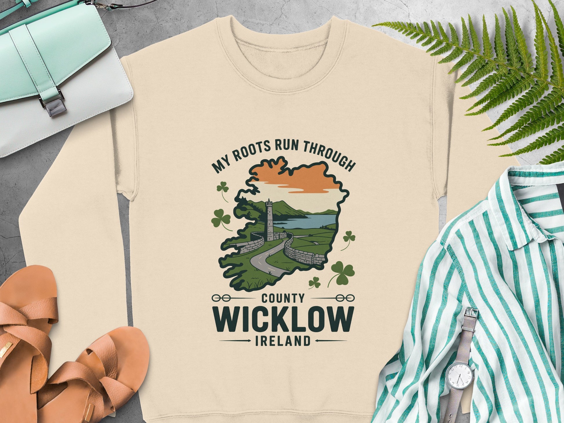 County Wicklow, Ireland graphic and "My Roots Run Through" text on Sand sweatshirt