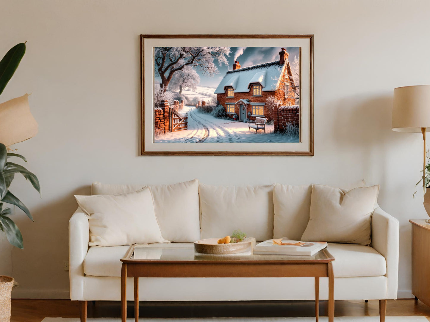 Framed artwork of a snow-covered cottage with smoke rising from the chimney.