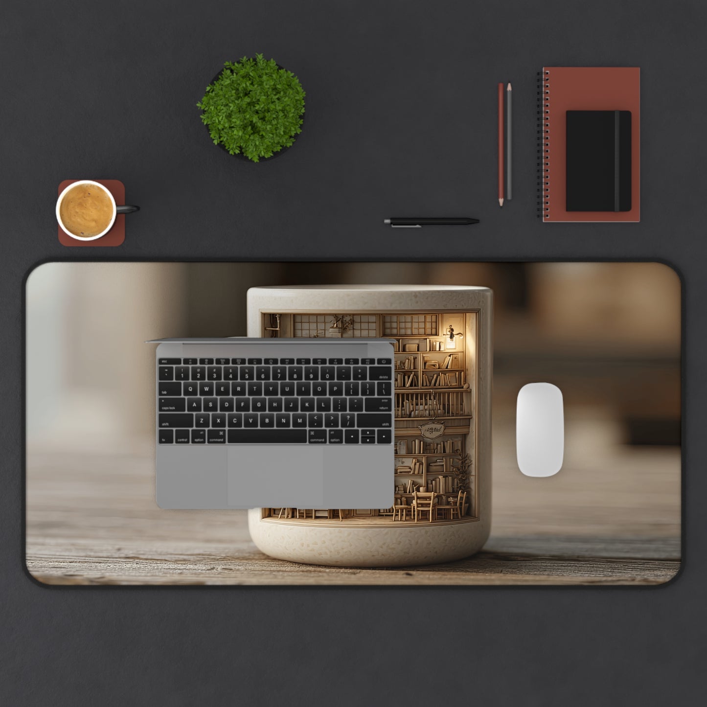 Cozy Miniature Library Desk Mat — Warm Bookshop Mug Design