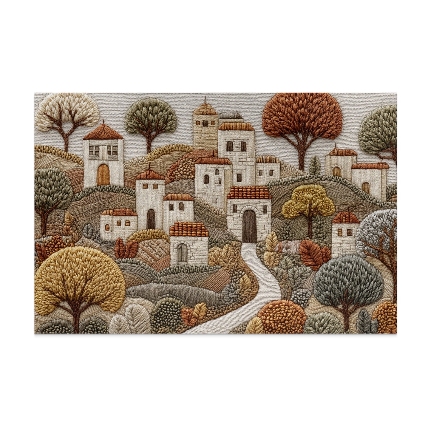 Intricate Village Landscape Embroidery Art Decor Piece