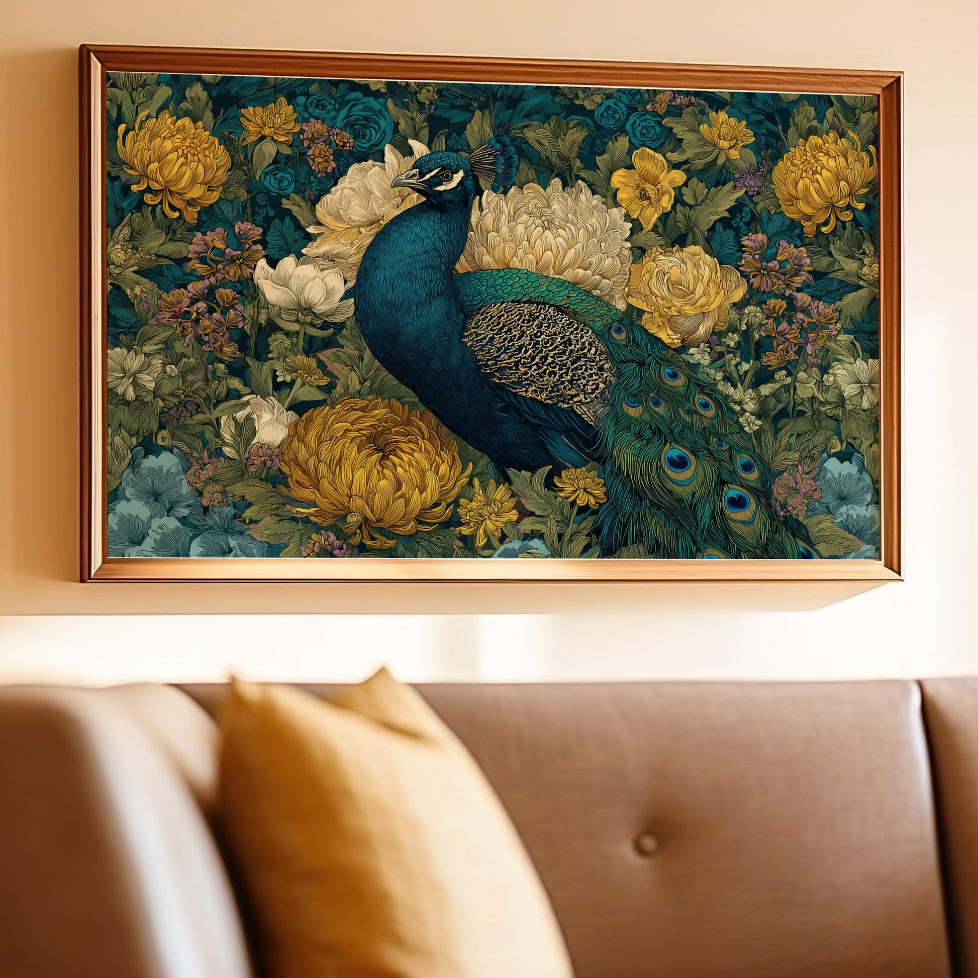 Vibrant Peacock Exquisite Floral Art product type
Peacock
Floral
Bird art
Wall decor
Botanical
Chrysanthemum
Nature art
Home decor
Vibrant colors
Elegant design
Animal artwork
Rich patterns
Framed print
Living room
Bedroom art
Gold flowers
Blue peacock
Green foliage
Exquisite art
Decorative piece