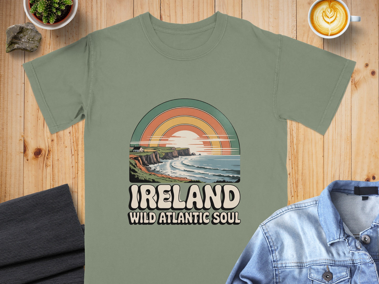 T-shirt with "IRELAND WILD ATLANTIC SOUL" text and coastal landscape graphic.