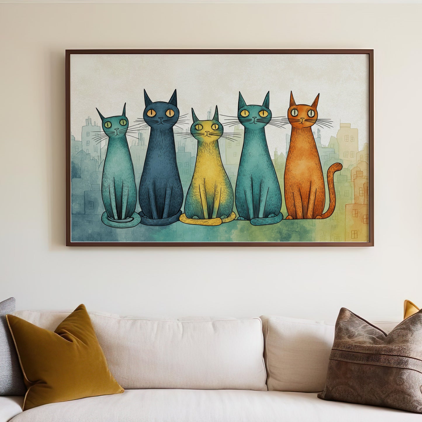 Five stylized cats in blue, yellow, and orange sit against a city skyline background.