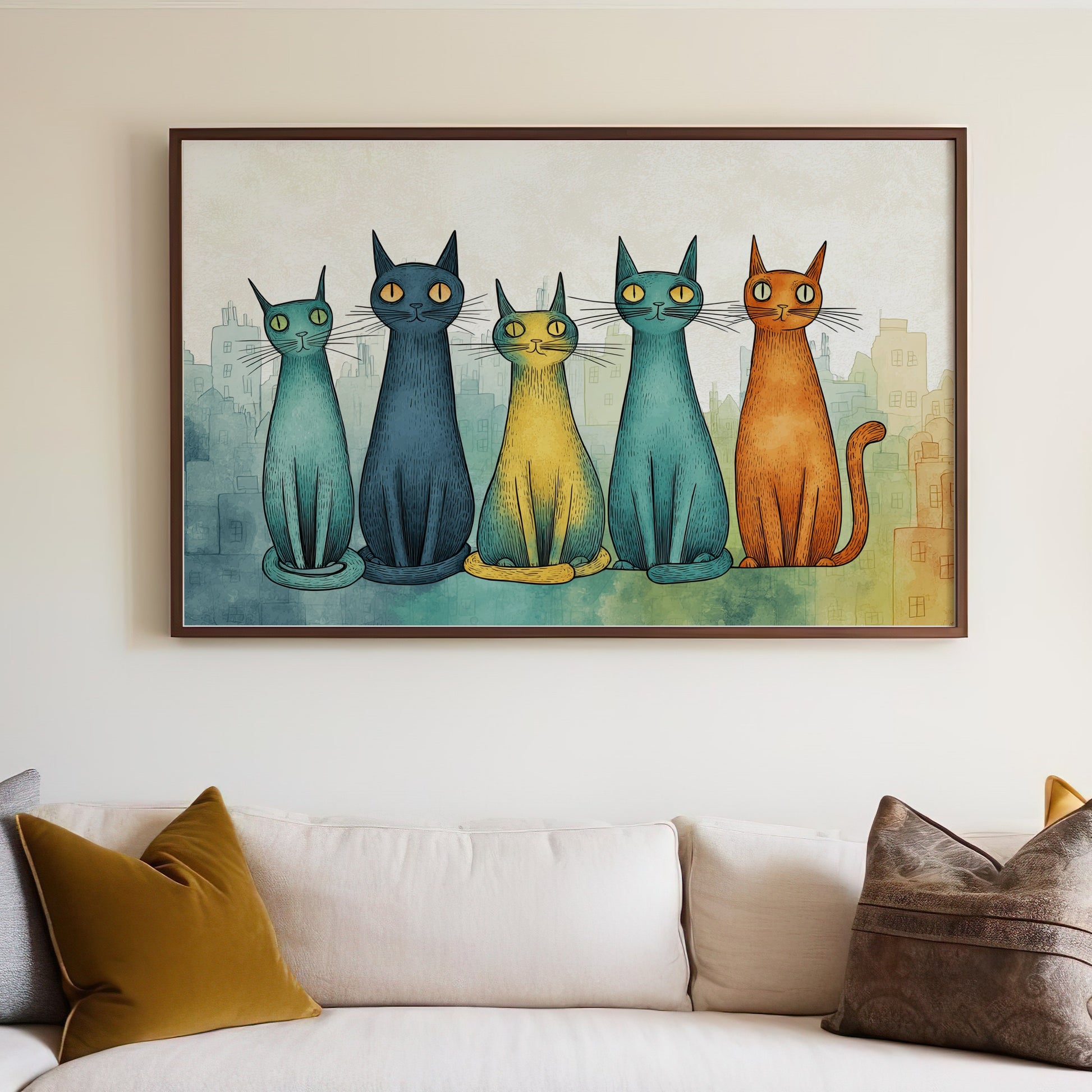 Five stylized cats in blue, yellow, and orange sit against a city skyline background.