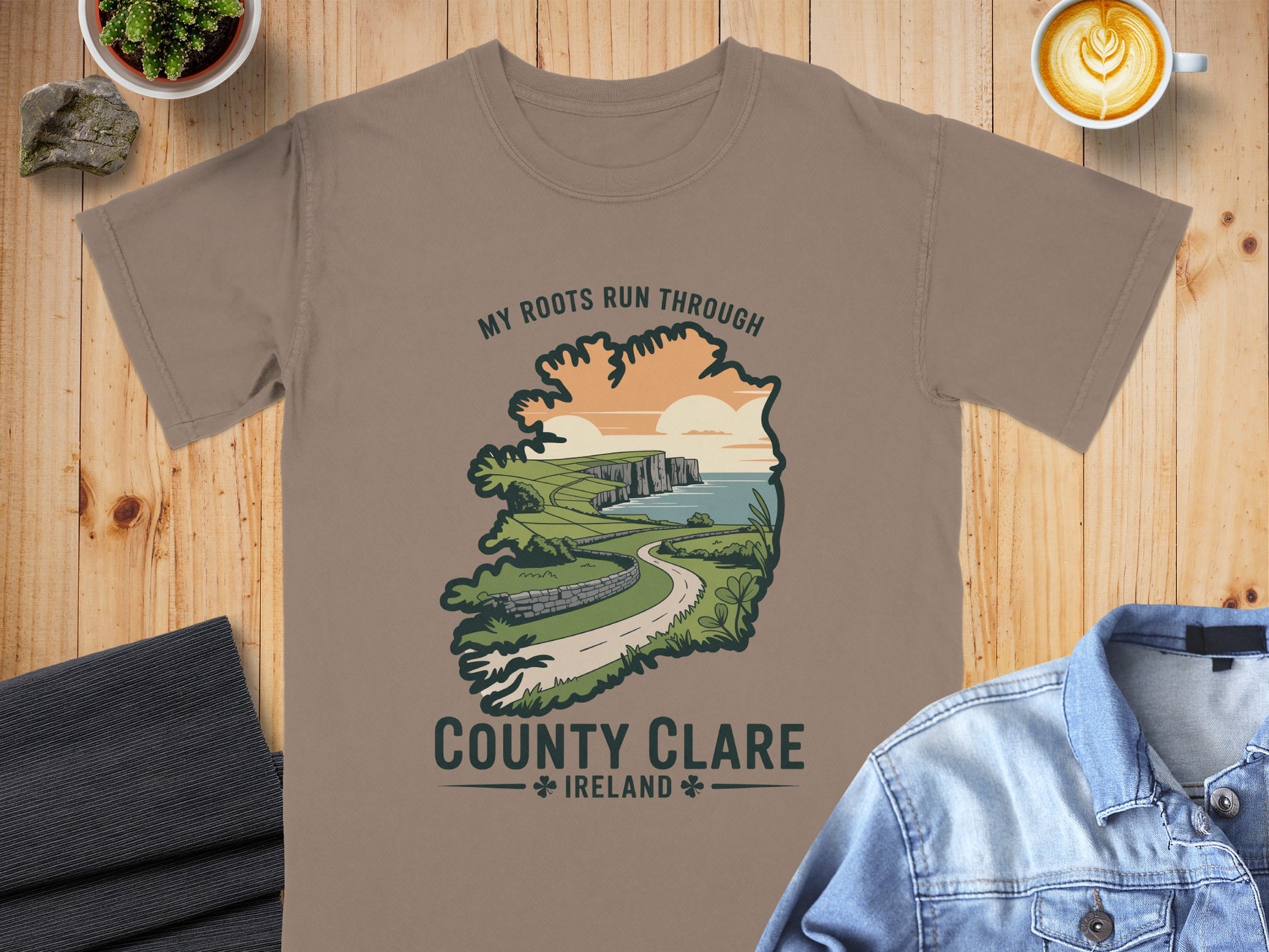 T-shirt with "My Roots Run Through County Clare, Ireland" text and map graphic.