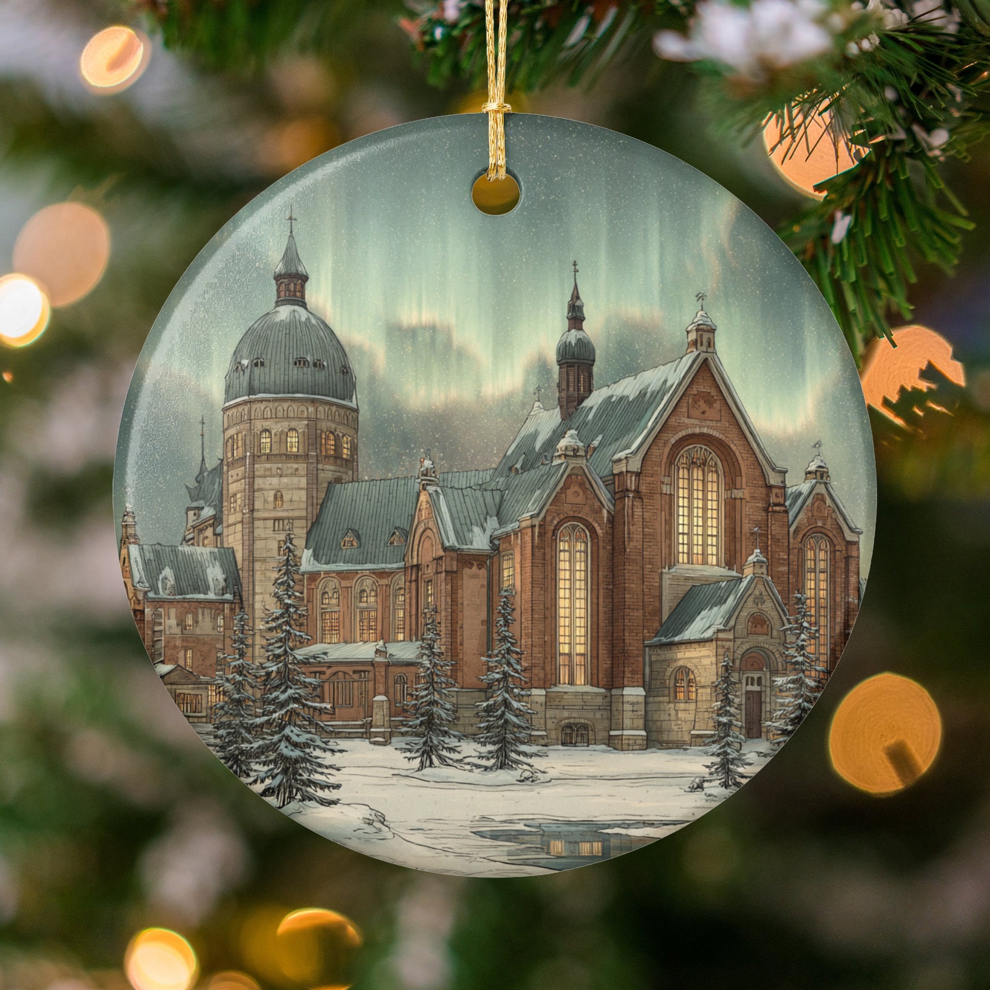 Majestic Winter Cathedral Scene on Christmas Ornament