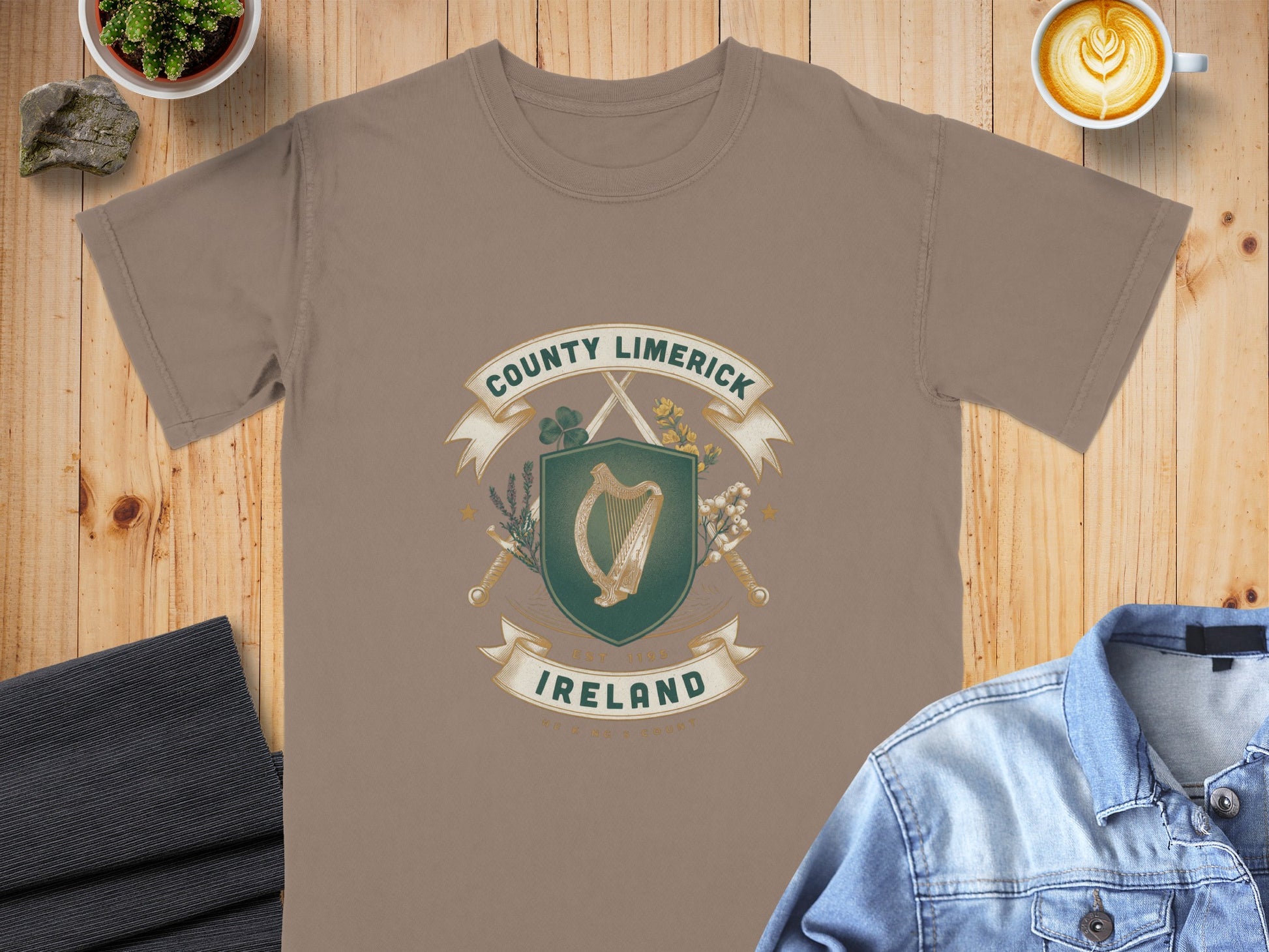 Brown t-shirt with County Limerick Ireland crest featuring harp and crossed swords.