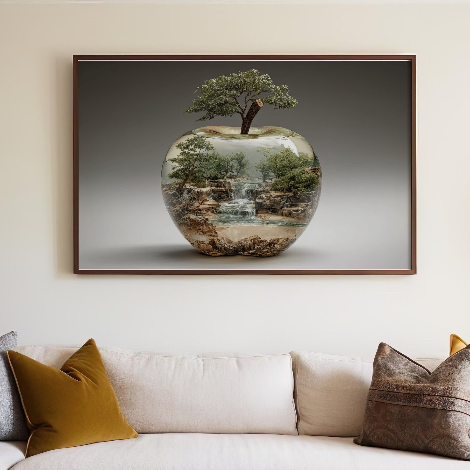 Artistic framed print of a miniature landscape inside an apple shape.