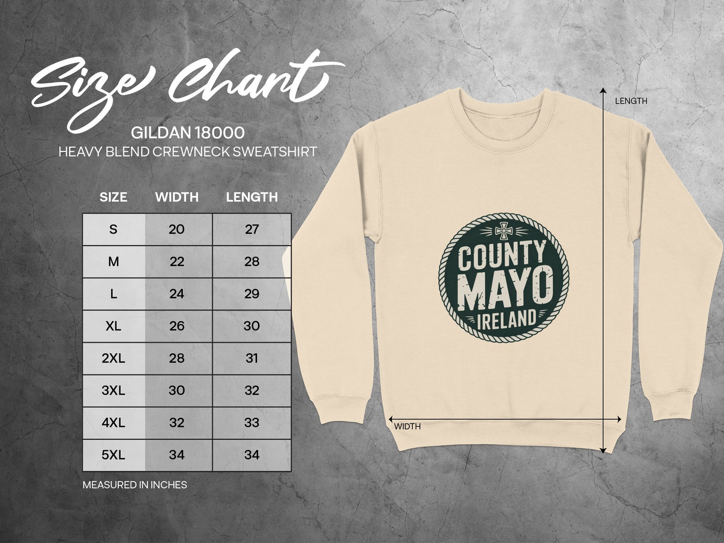 Gildan 18000 sweatshirt size chart with width and length measurements in inches.