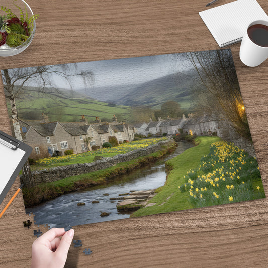 Stone cottages line a stream with daffodils and rolling green hills.