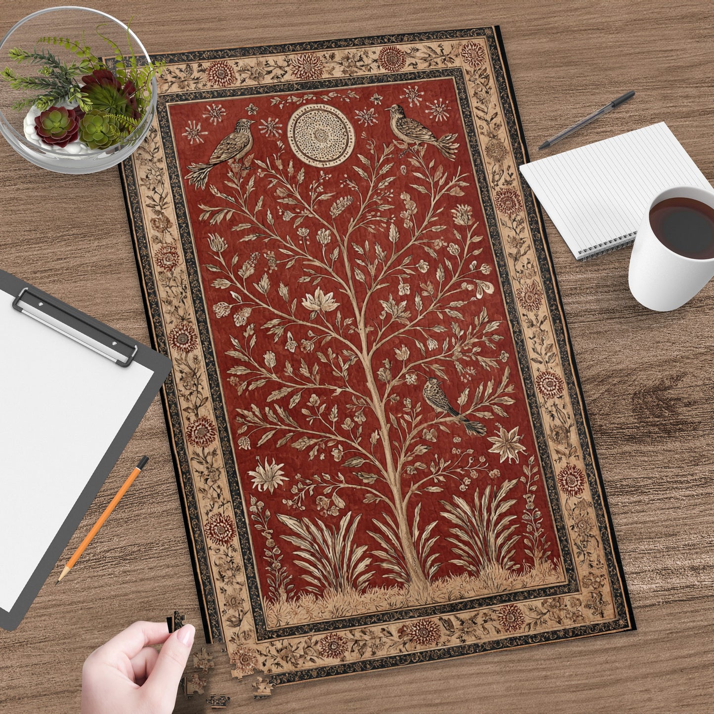 Ornate Red Botanical Rug with Birds and Floral Design