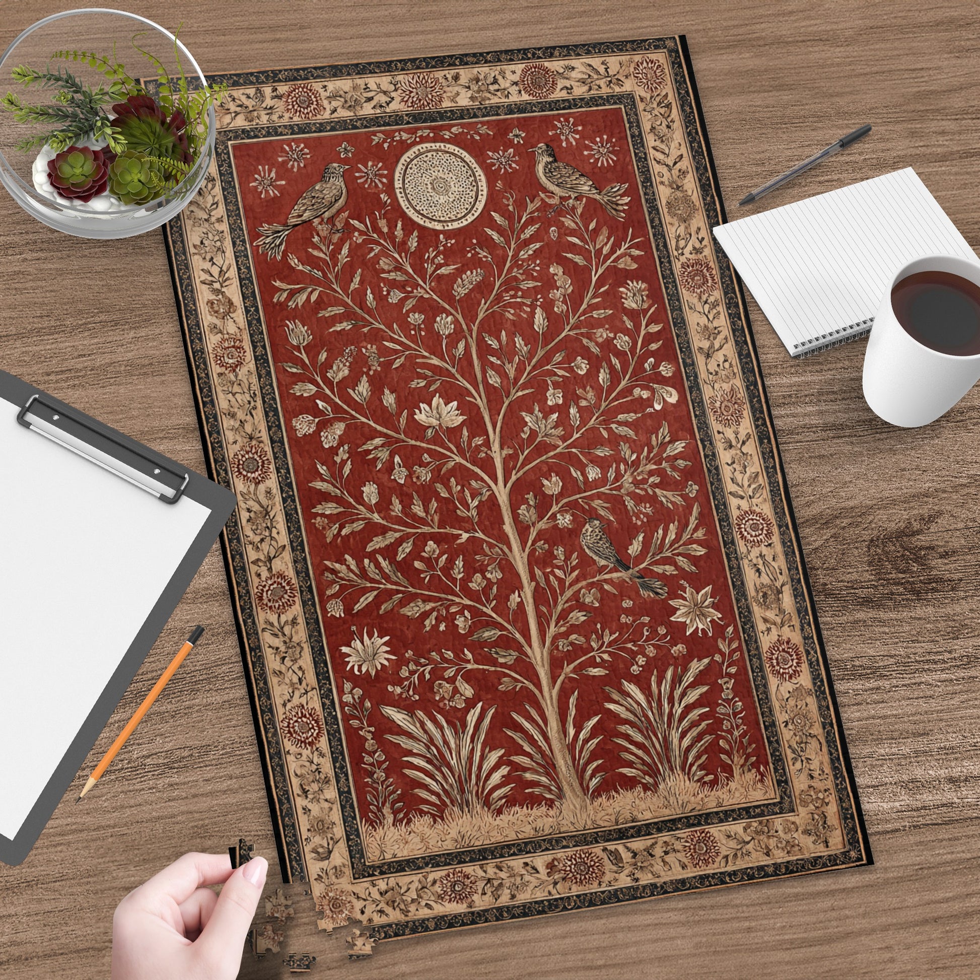Ornate Red Botanical Rug with Birds and Floral Design