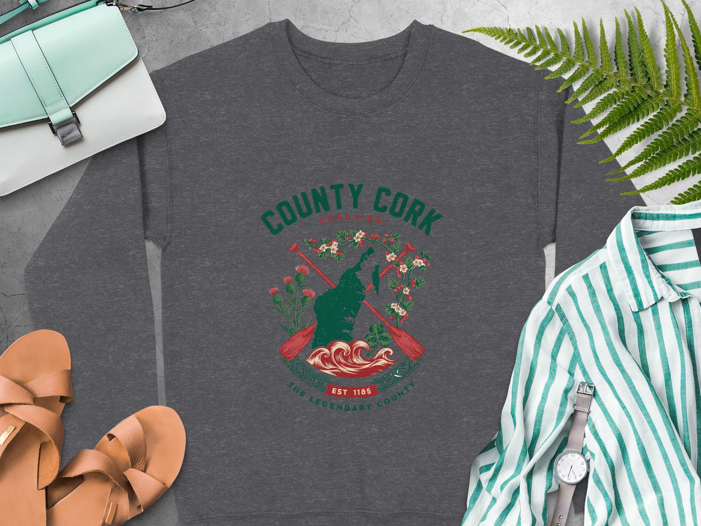 "County Cork" and Ireland crest, waves, and floral details on Dark Heather sweatshirt