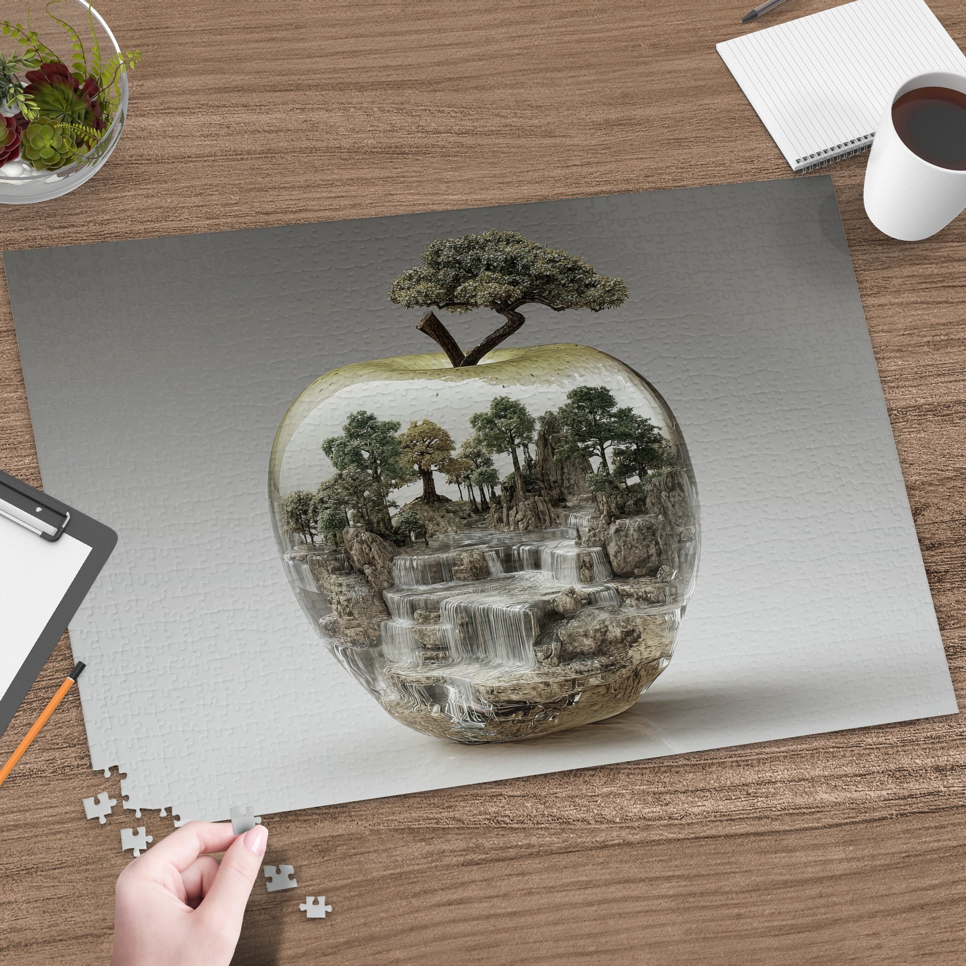 Apple-shaped diorama with waterfall and trees, being assembled into a puzzle.
