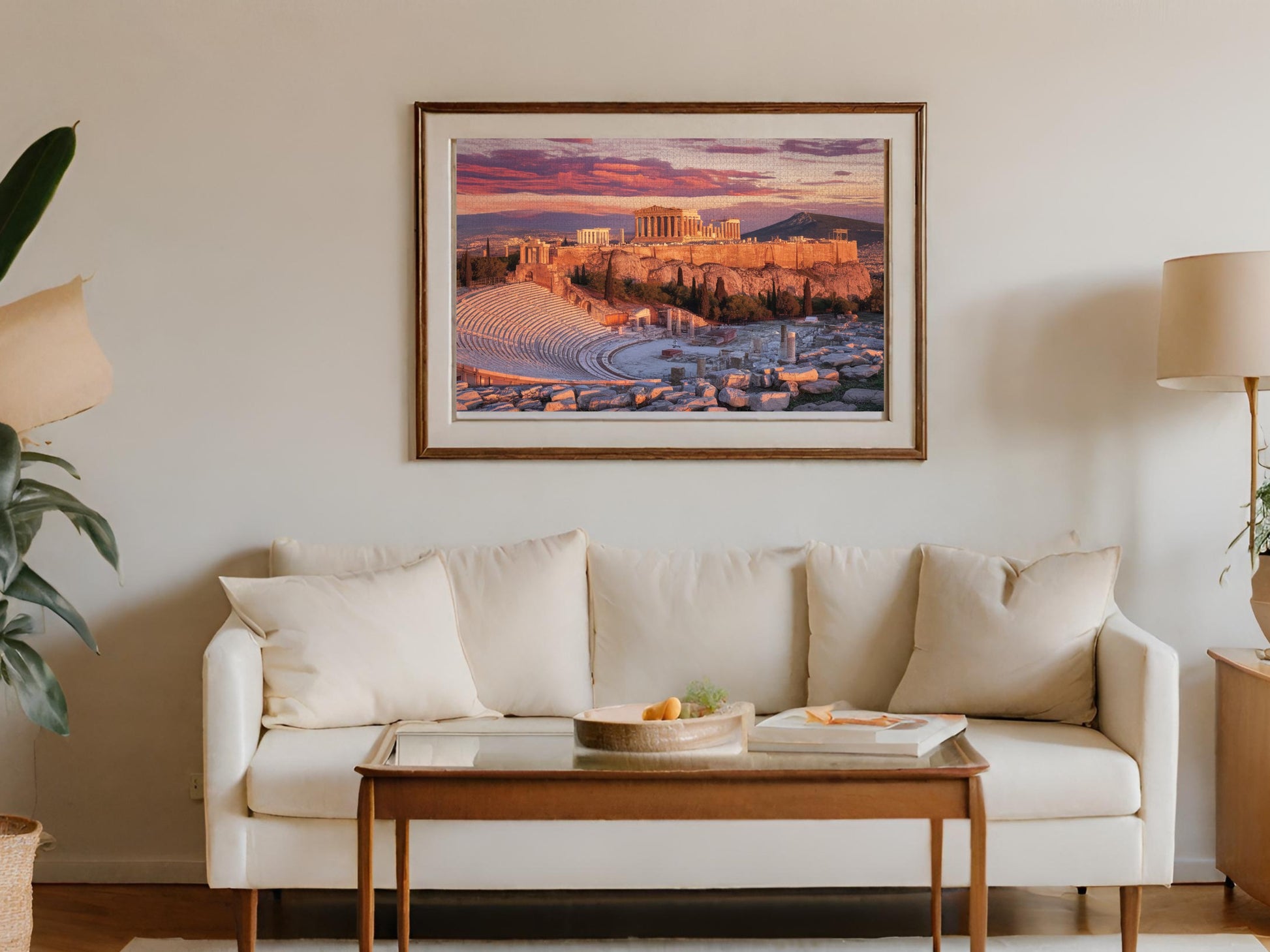 Framed puzzle of the Acropolis and Odeon of Herodes Atticus at sunset.