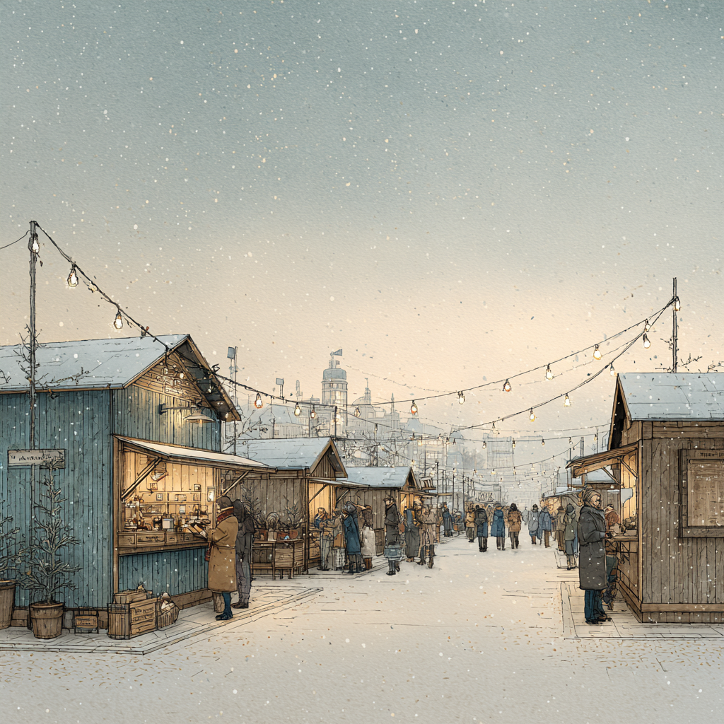 Enchanting Winter Village Scene Snowy Street Market Artwork