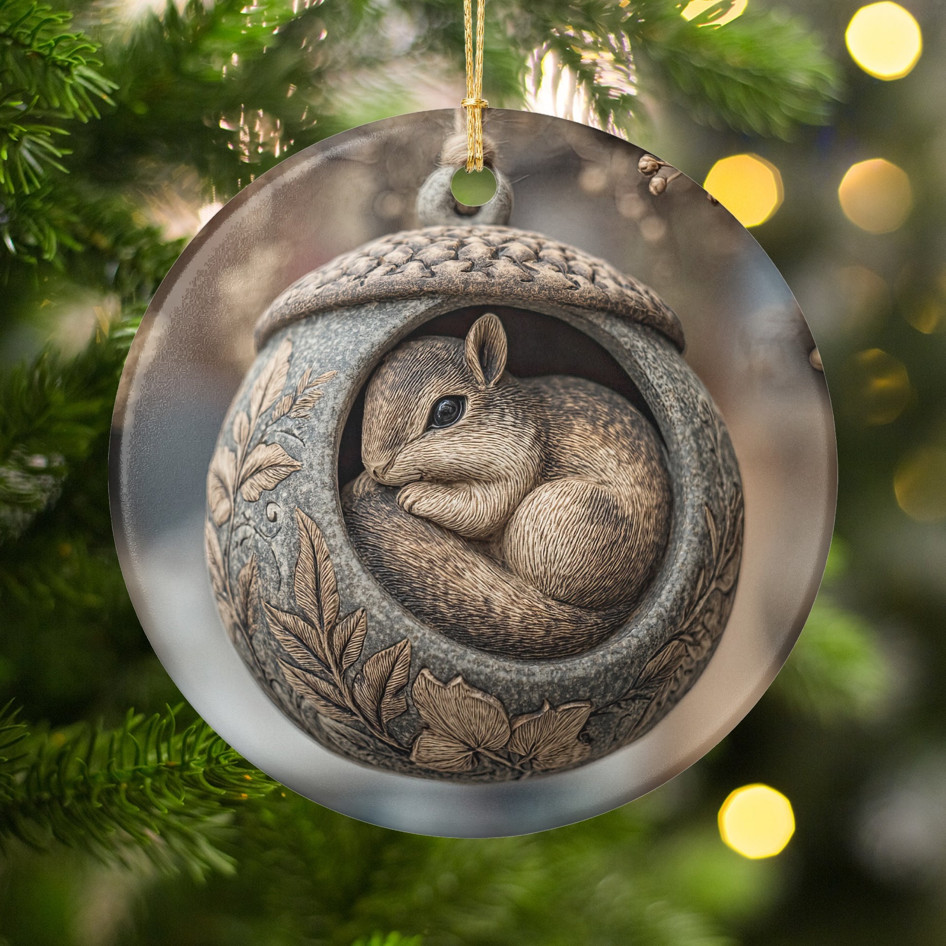 Adorable Squirrel Decorative Round Holiday Ornament