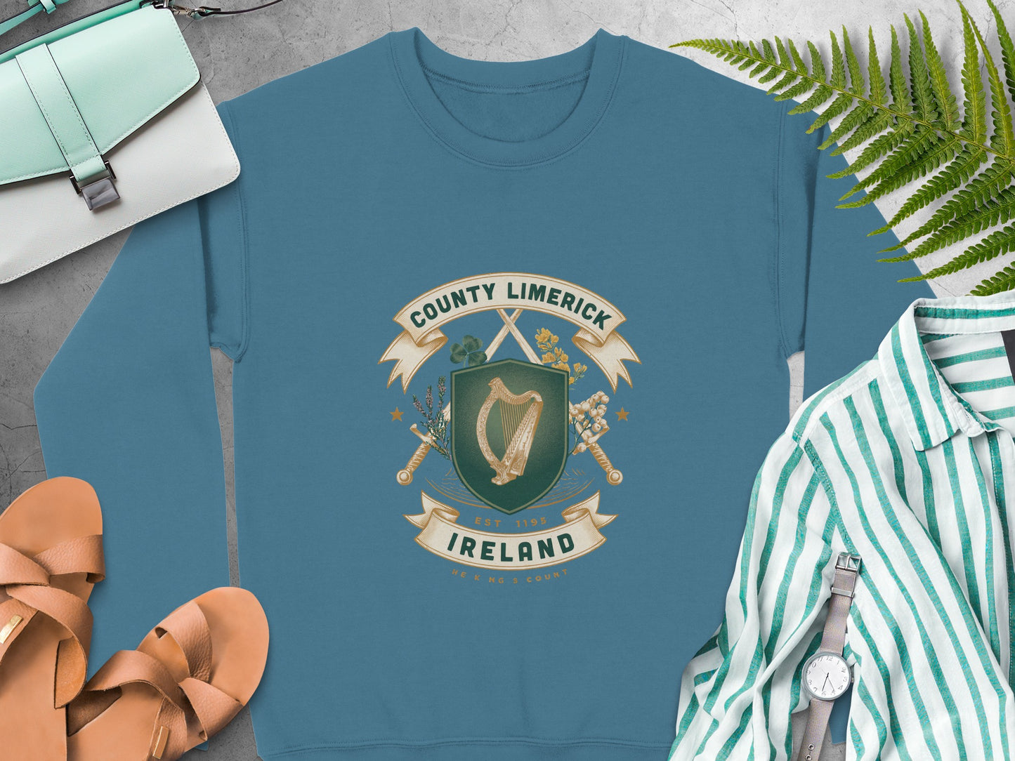 County Limerick Ireland crest and harp design on Indigo Blue sweatshirt