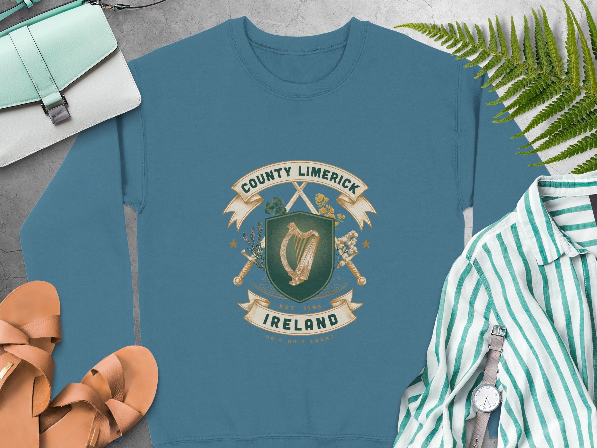 County Limerick Ireland crest and harp design on Indigo Blue sweatshirt