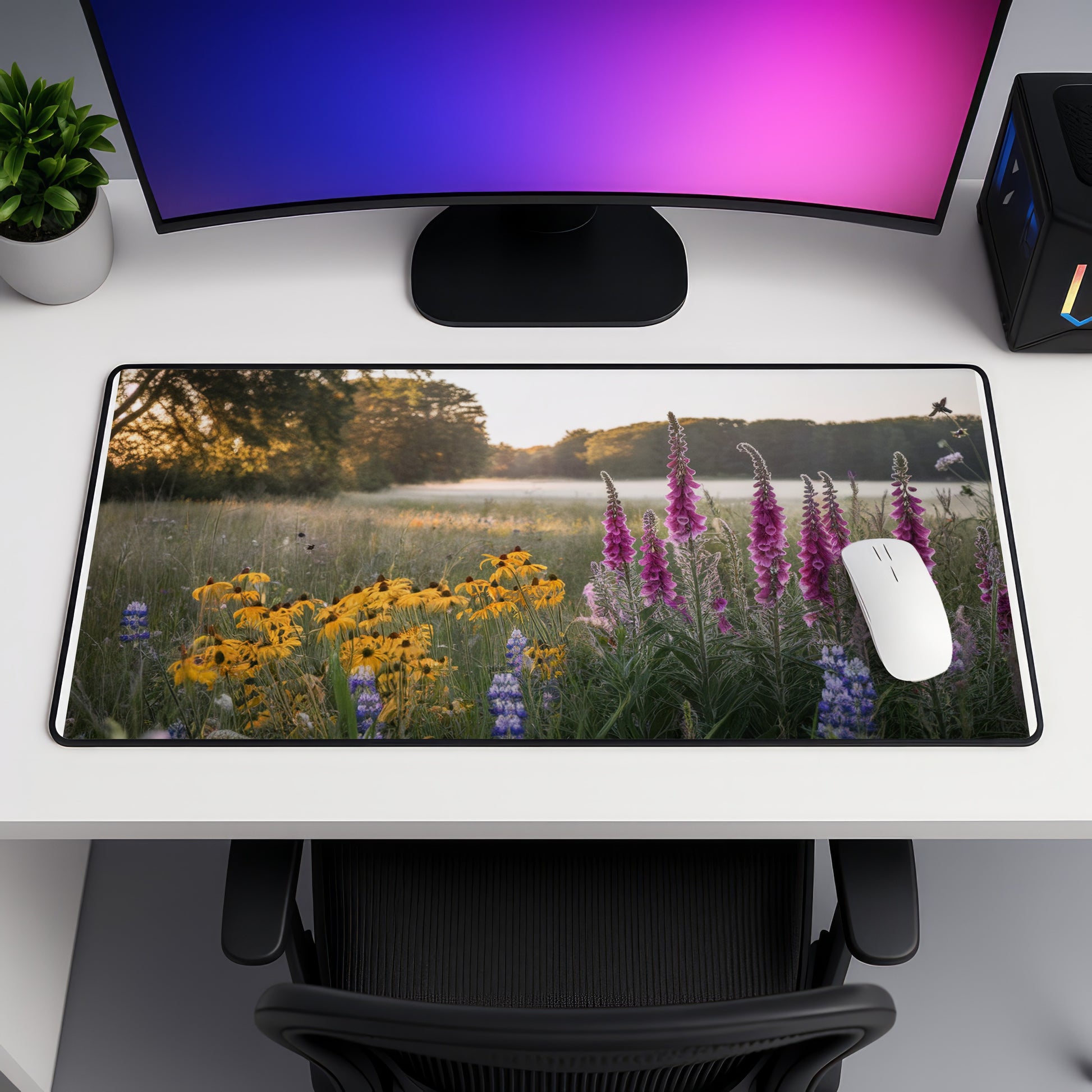 Mousepad featuring a scenic meadow with yellow and purple wildflowers at sunrise.