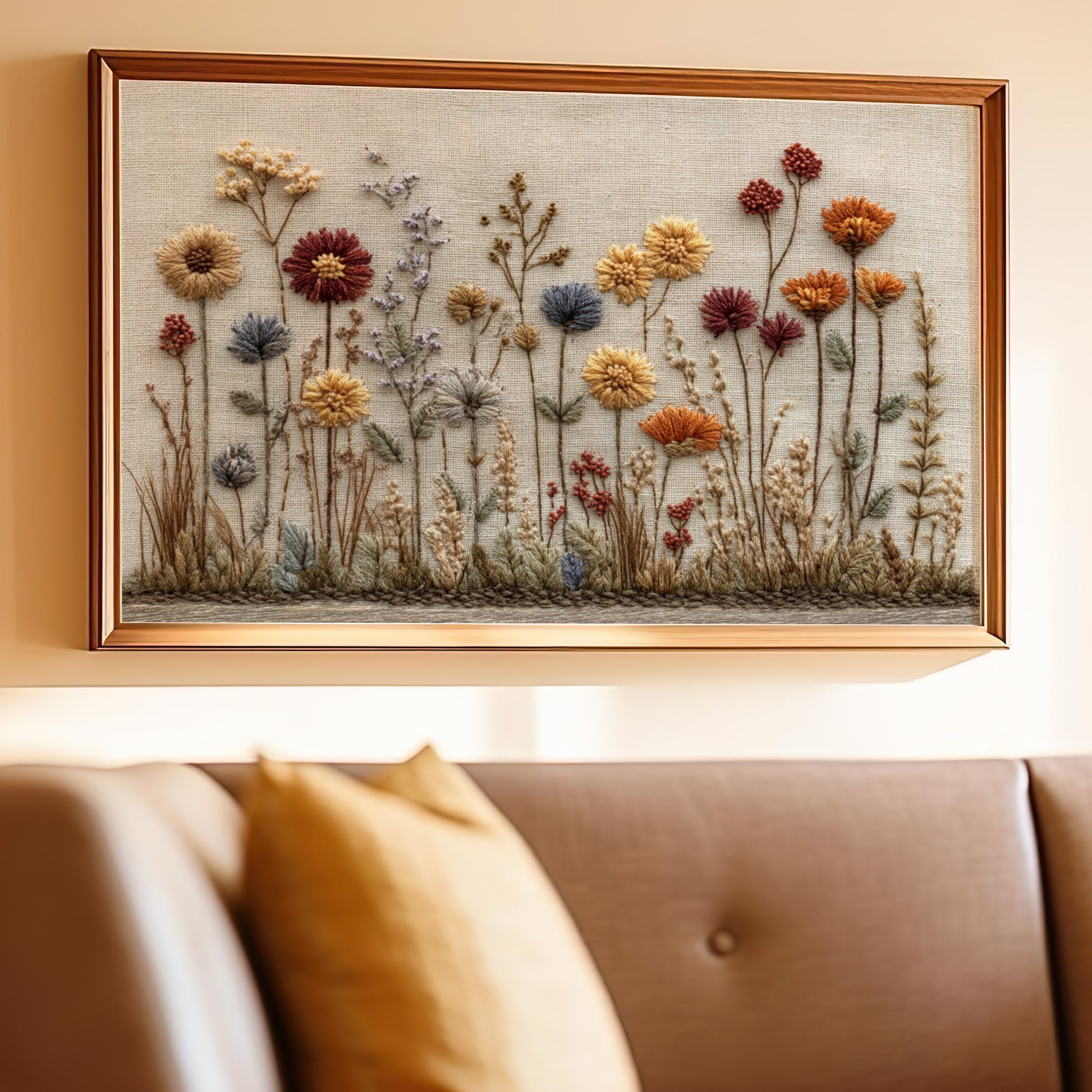 Colorful Floral Stitch Art in Wooden Frame Embroidery