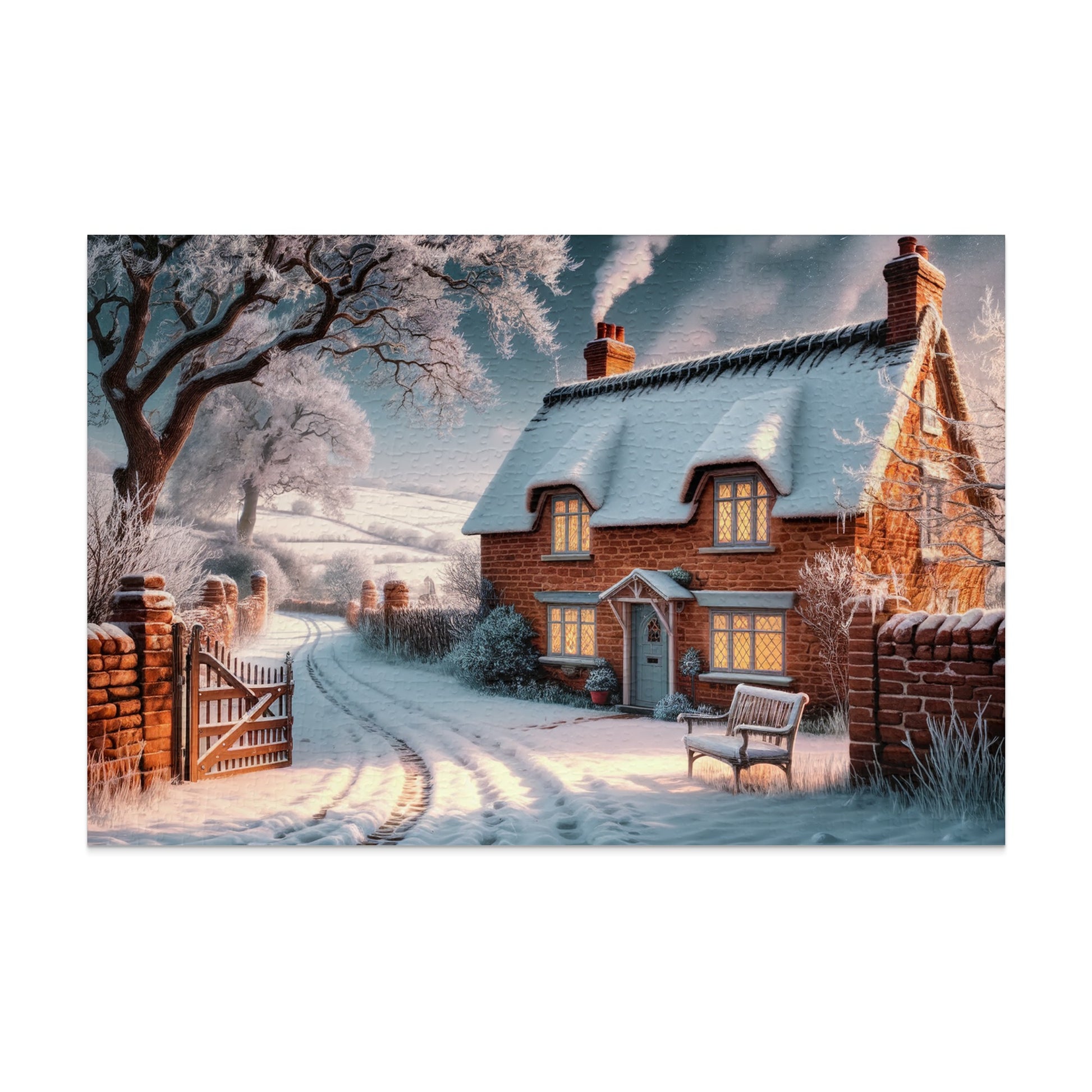 Snow-covered cottage with smoke from chimney, open wooden gate, and a bench.