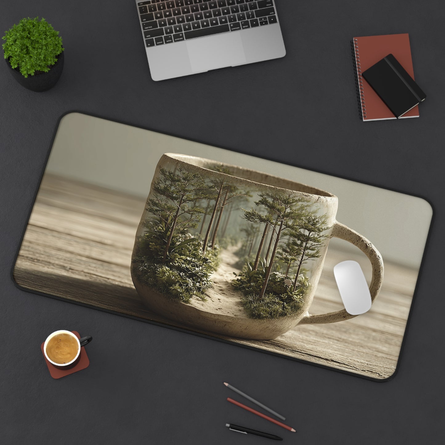 Forest Mug Illustration Desk Mat – Cozy Woodland Desk Pad
