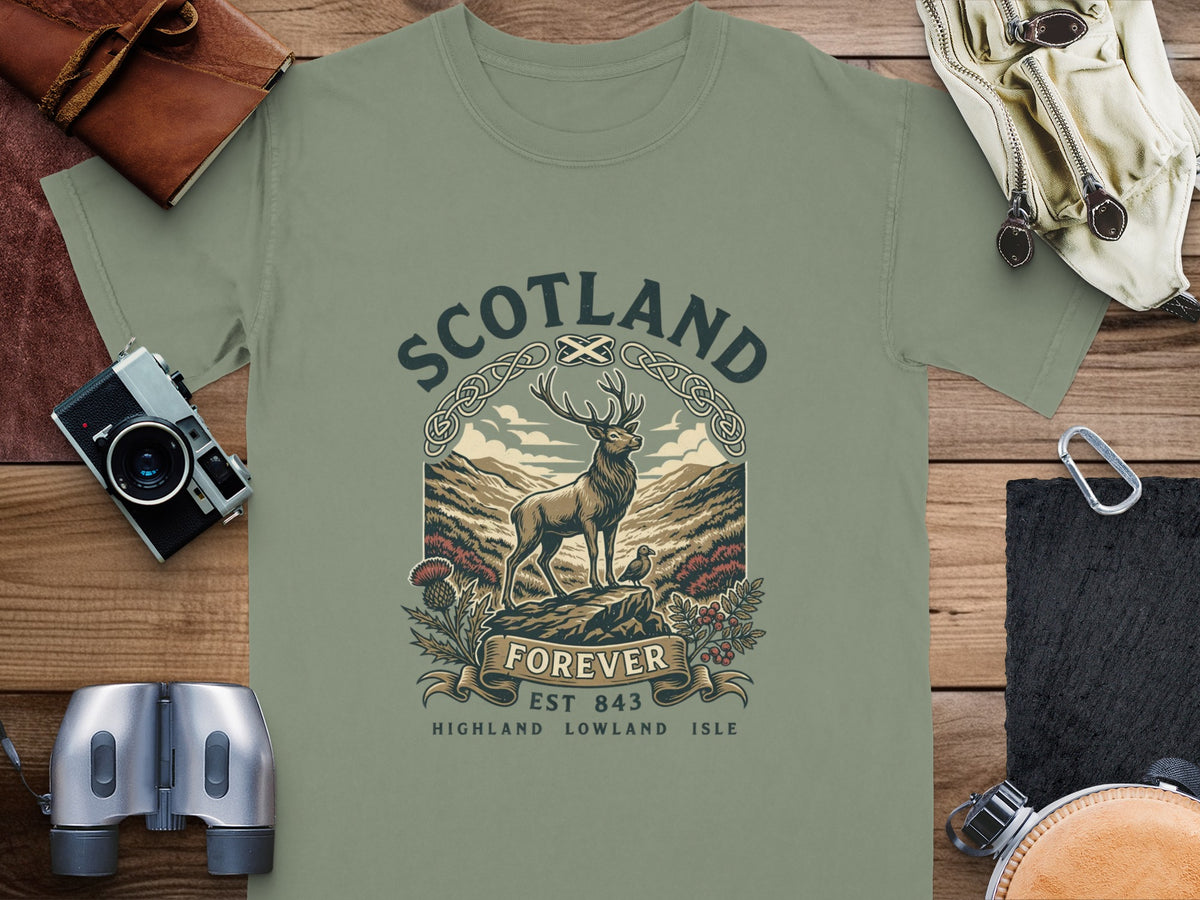 T-shirt with Scotland Forever design featuring a stag, landscape, and Celtic knotwork.