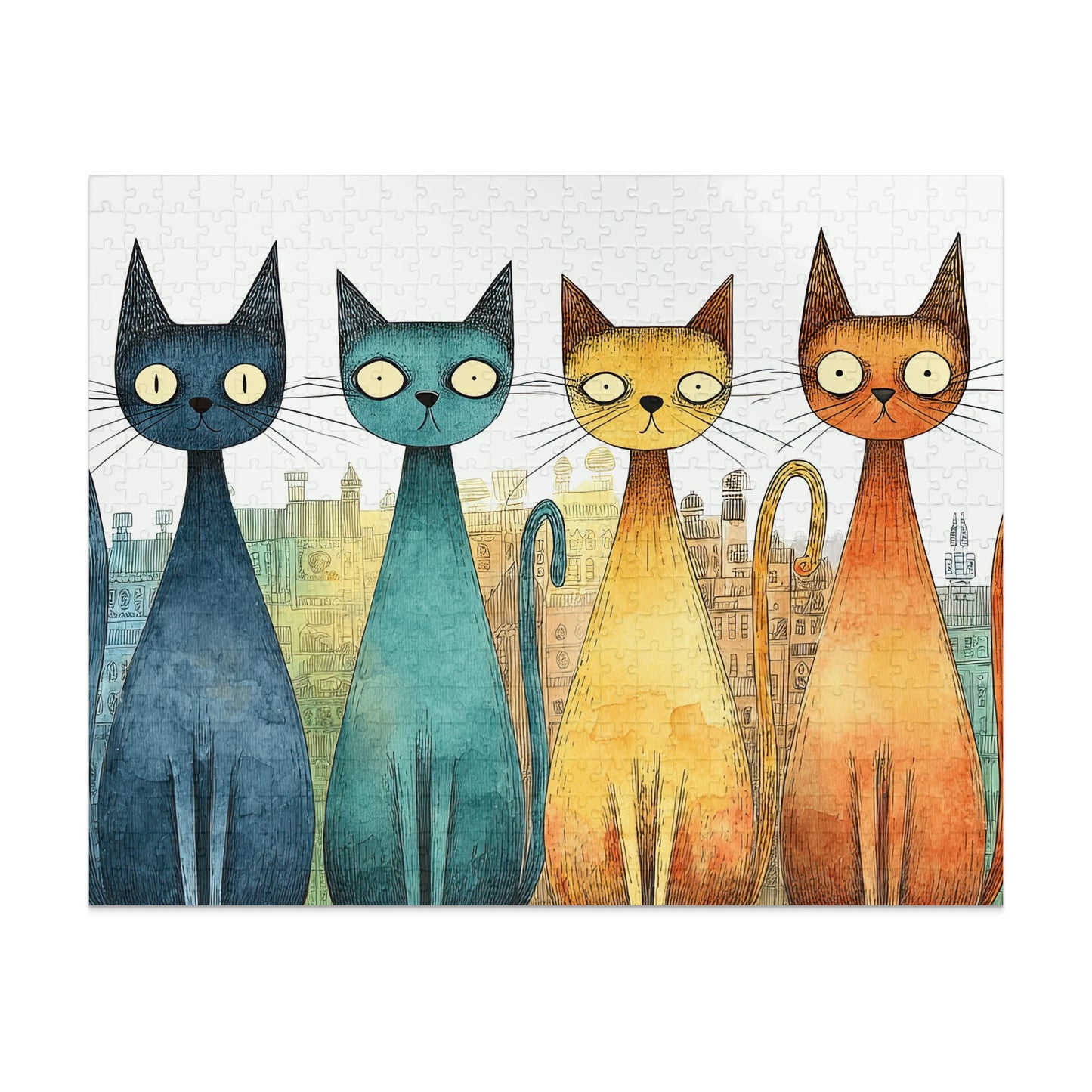Four cartoon cats in varying colors with large eyes and stylized city buildings background.