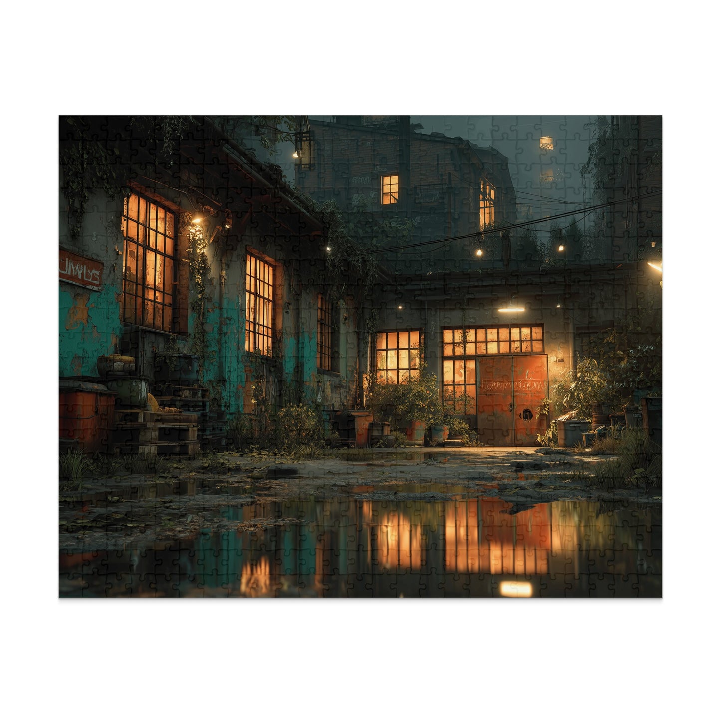 Nighttime industrial building with glowing windows reflected in puddles.