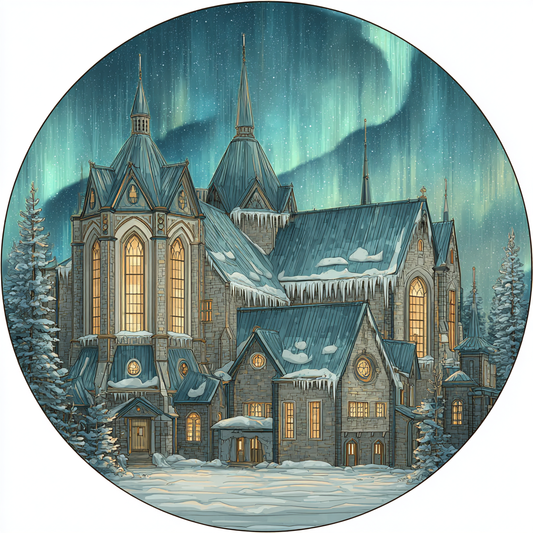 Enchanting Snowy Gothic Cathedral in Winter Scene