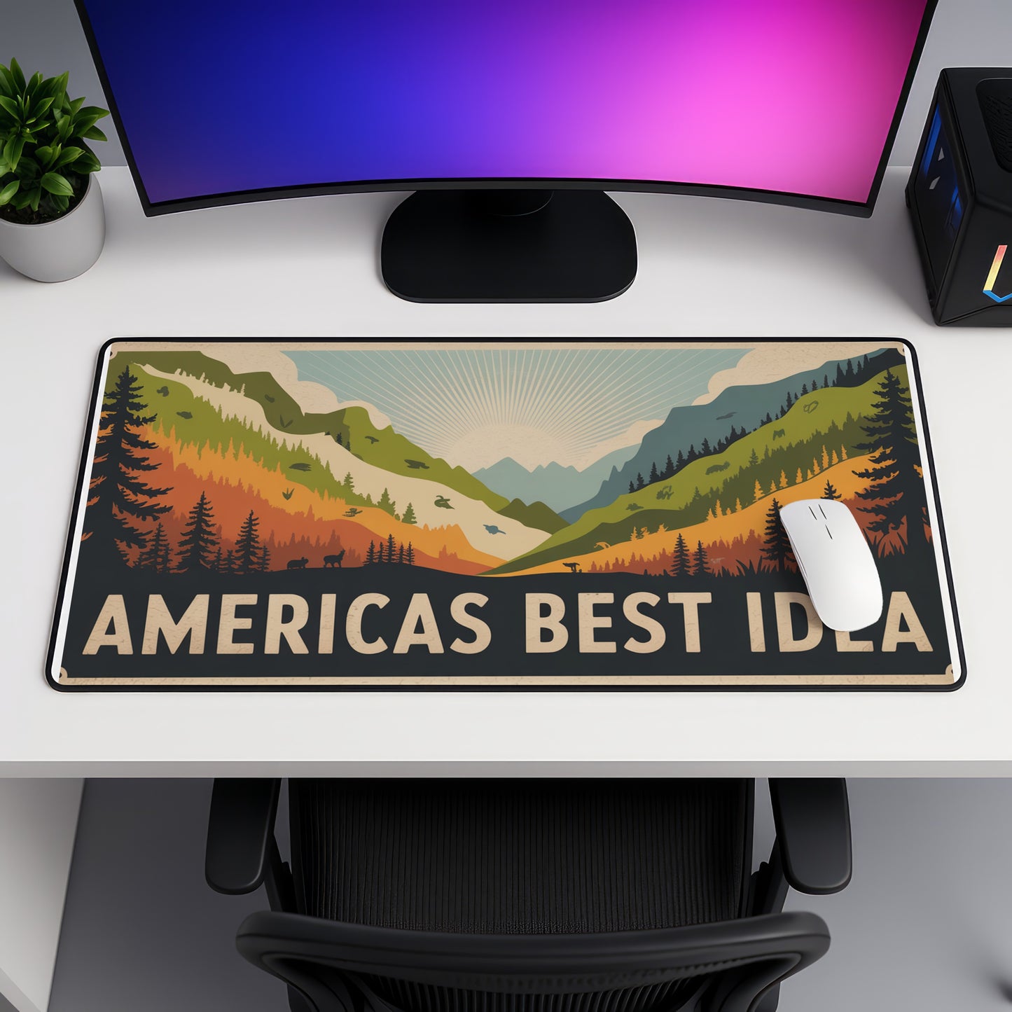 Desk mat with vintage landscape and text "AMERICAS BEST IDEA".