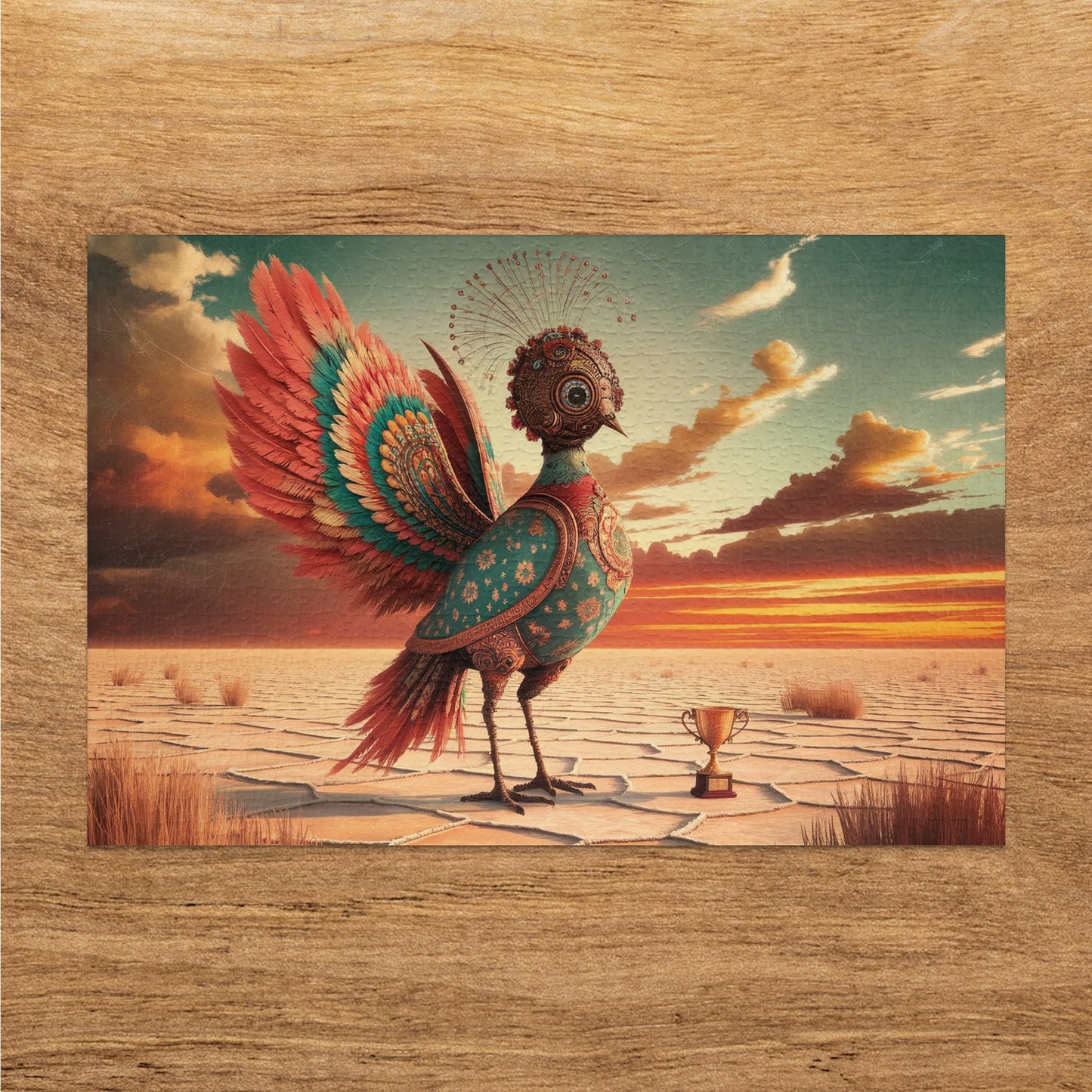 Ornate bird with elaborate feathers and a single eye stands by trophy on cracked ground.
