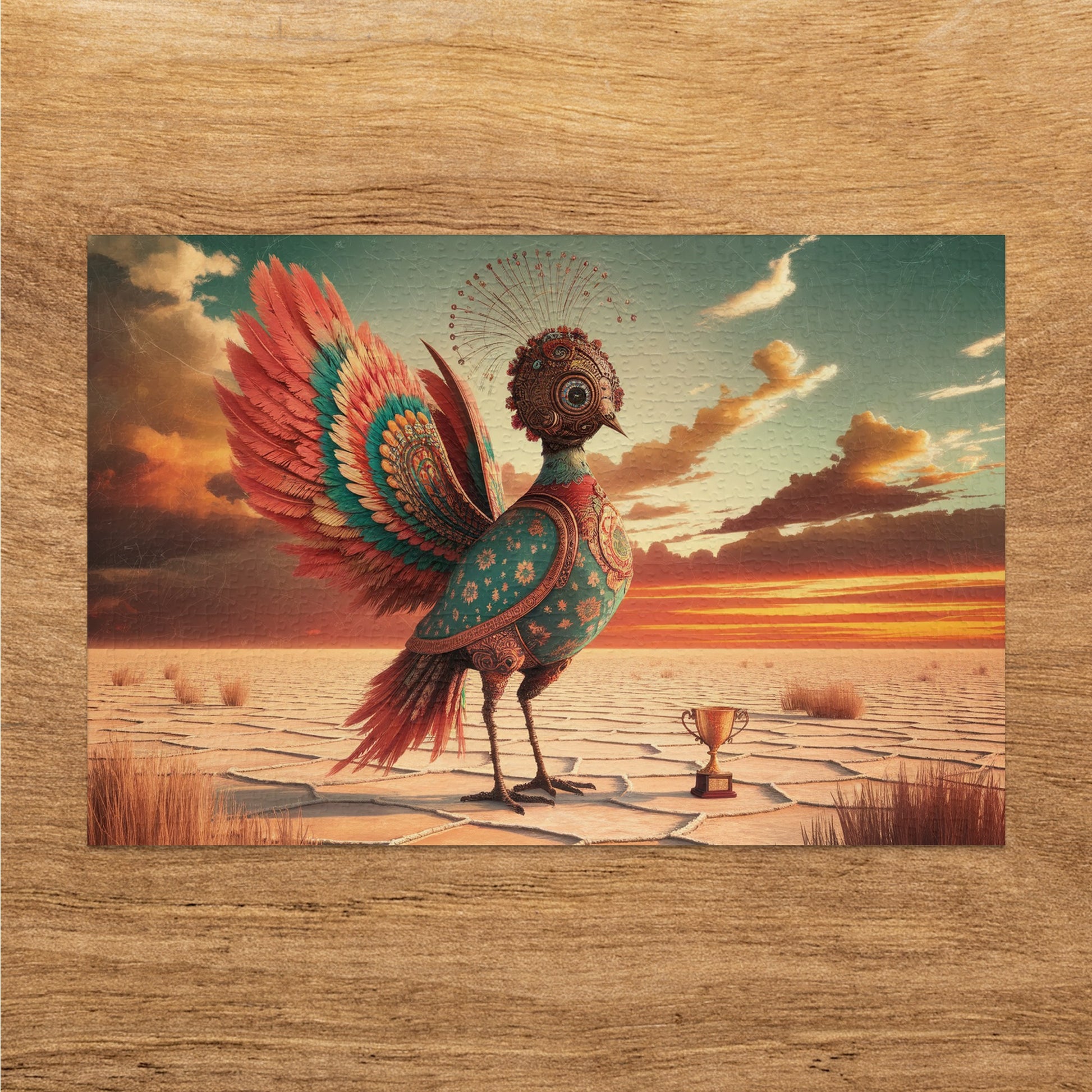 Ornate bird with elaborate feathers and a single eye stands by trophy on cracked ground.