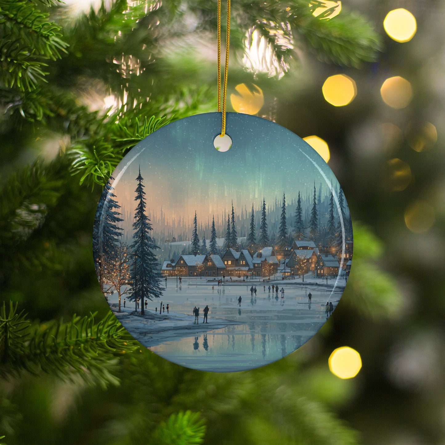 Serene Winter Village Scene Round Christmas Ornament