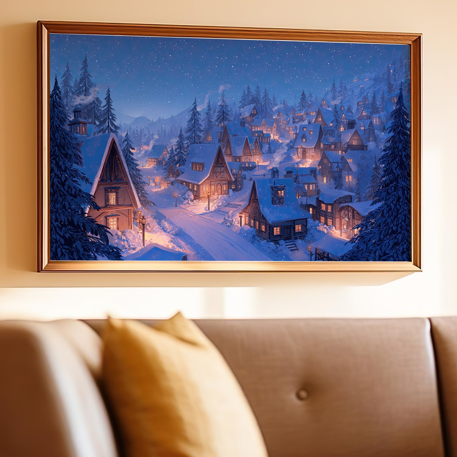 Winter snowy village night mountain scenery art print product type