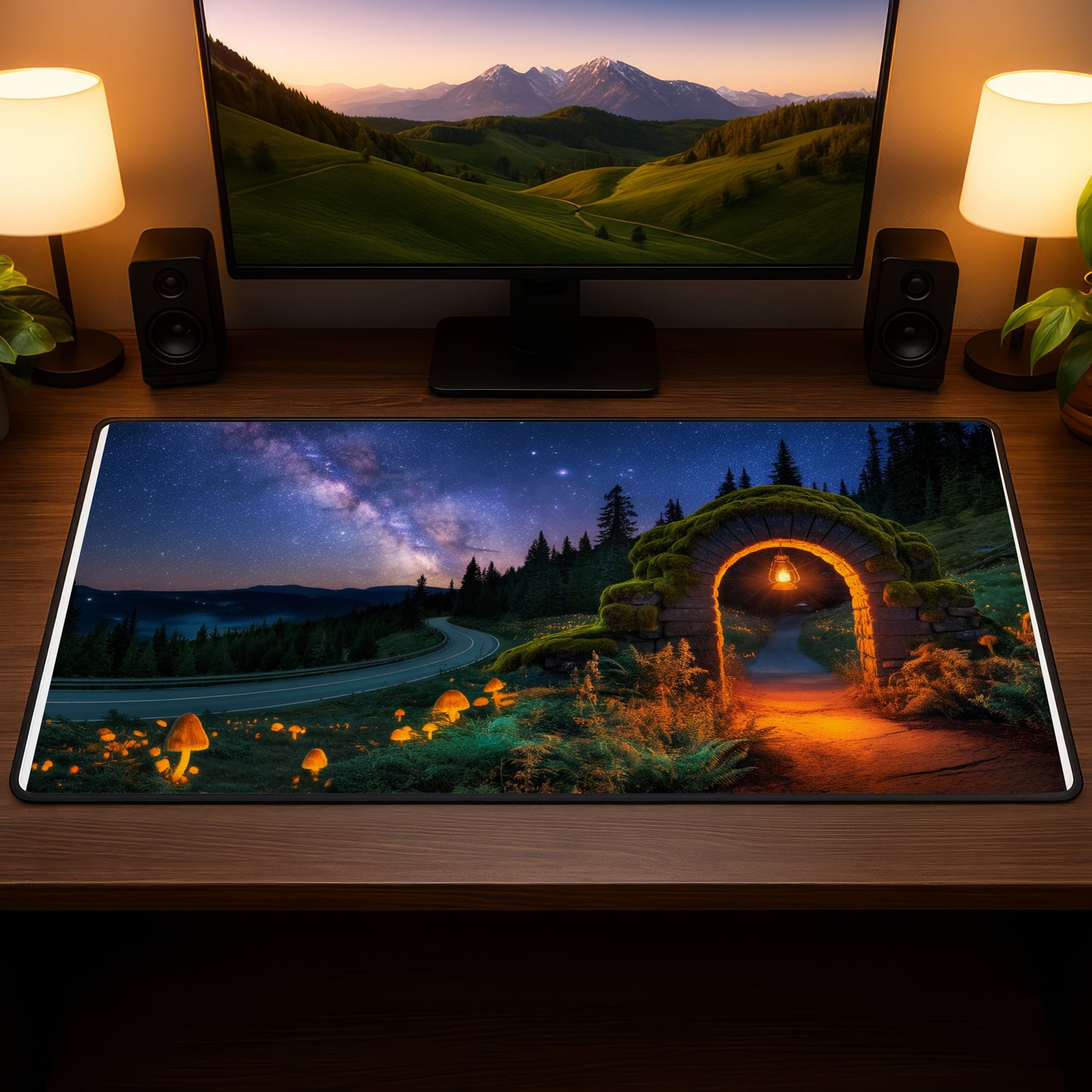 Night scene on a desk mat with glowing mushrooms, stone arch, and Milky Way.