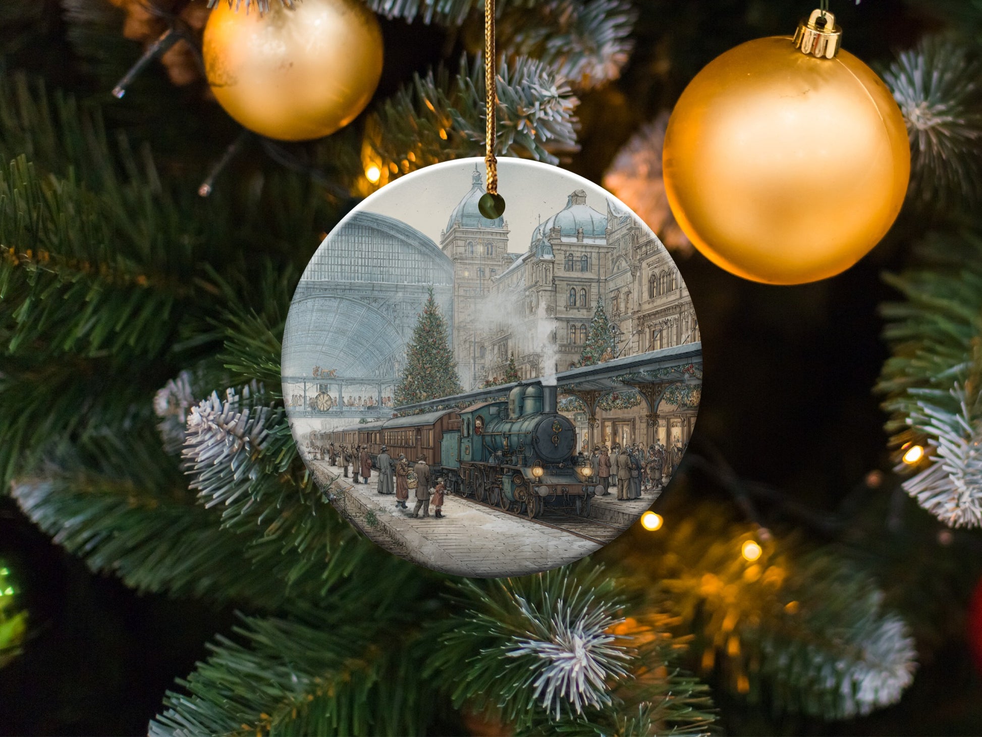 Christmas Train at Station Scene Ornament