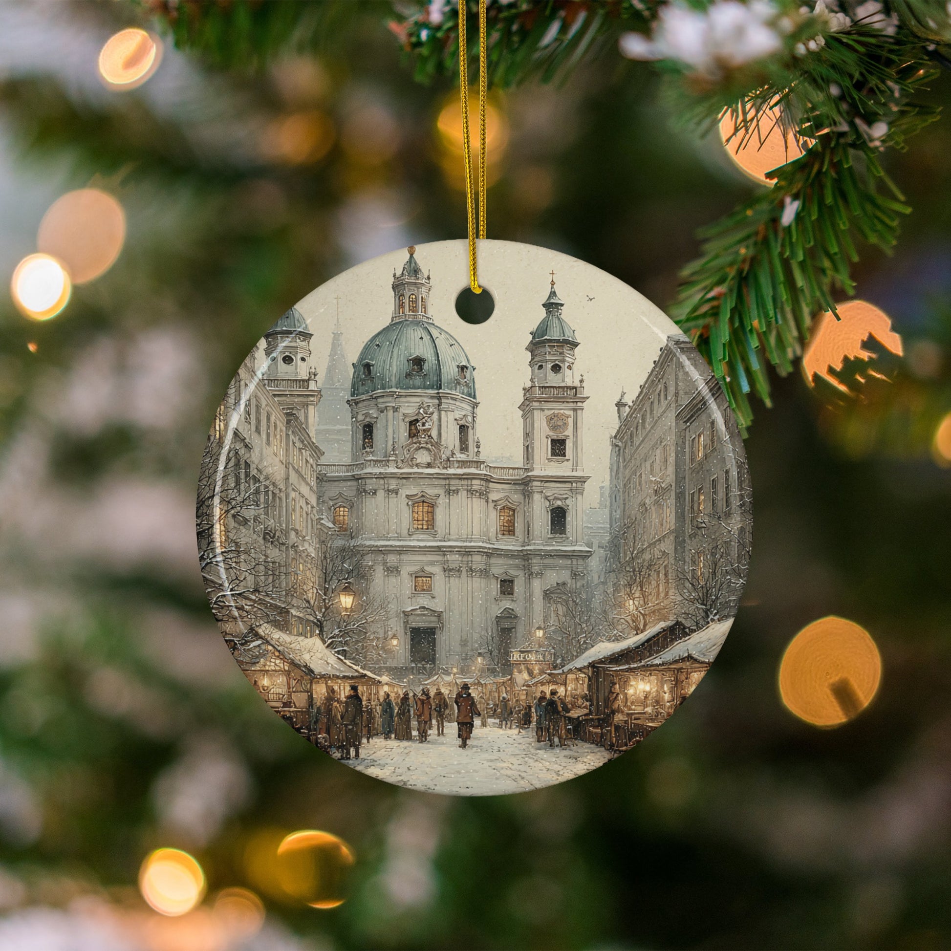 Festive European Street Scene Christmas Ornament