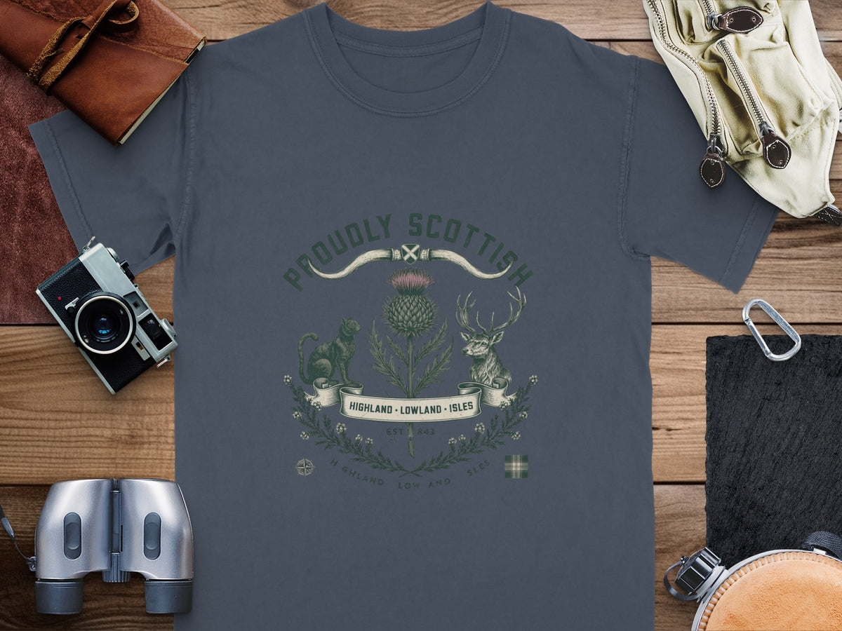 T-shirt with "Proudly Scottish" emblem featuring a thistle, cat, and deer.