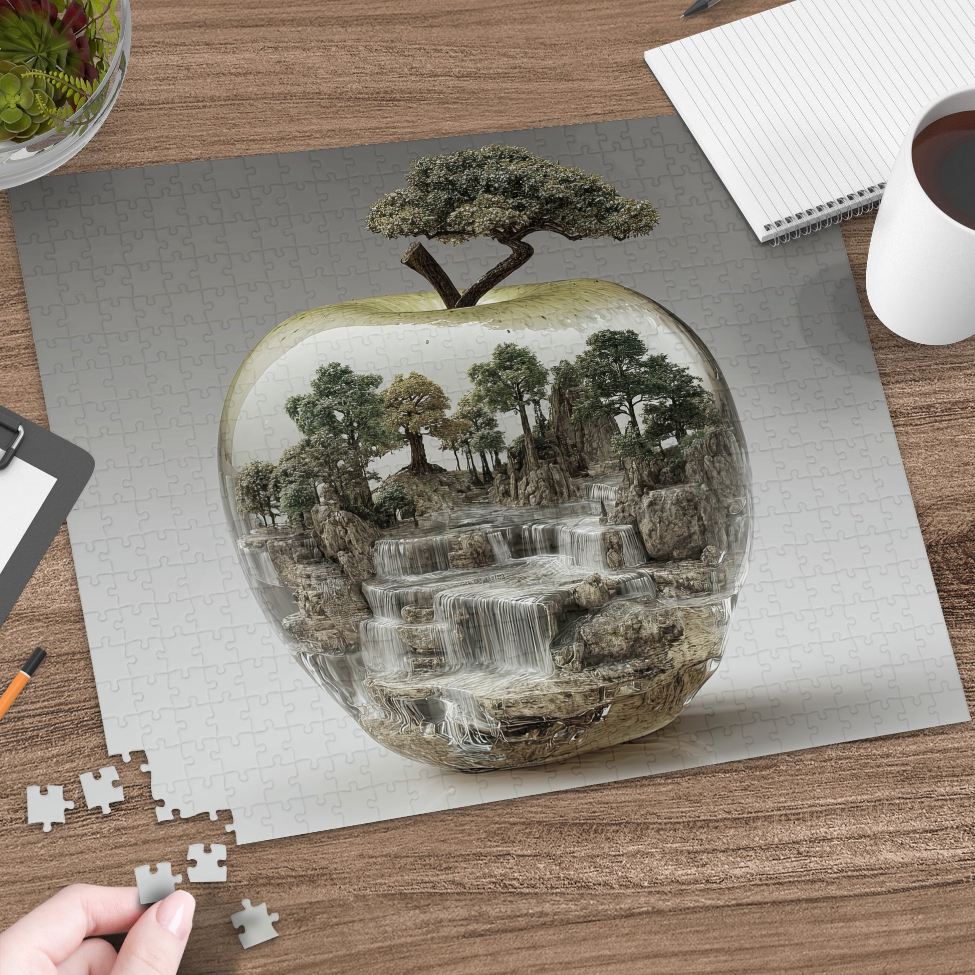 Apple-shaped terrarium with waterfalls and trees, jigsaw puzzle pieces on table.