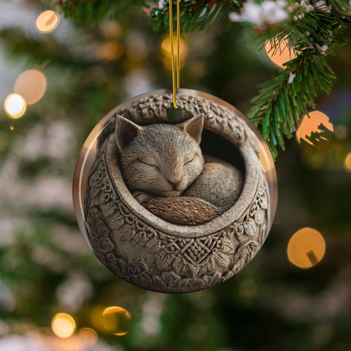 Cozy Cat Sleeping in Ornament Christmas Decoration